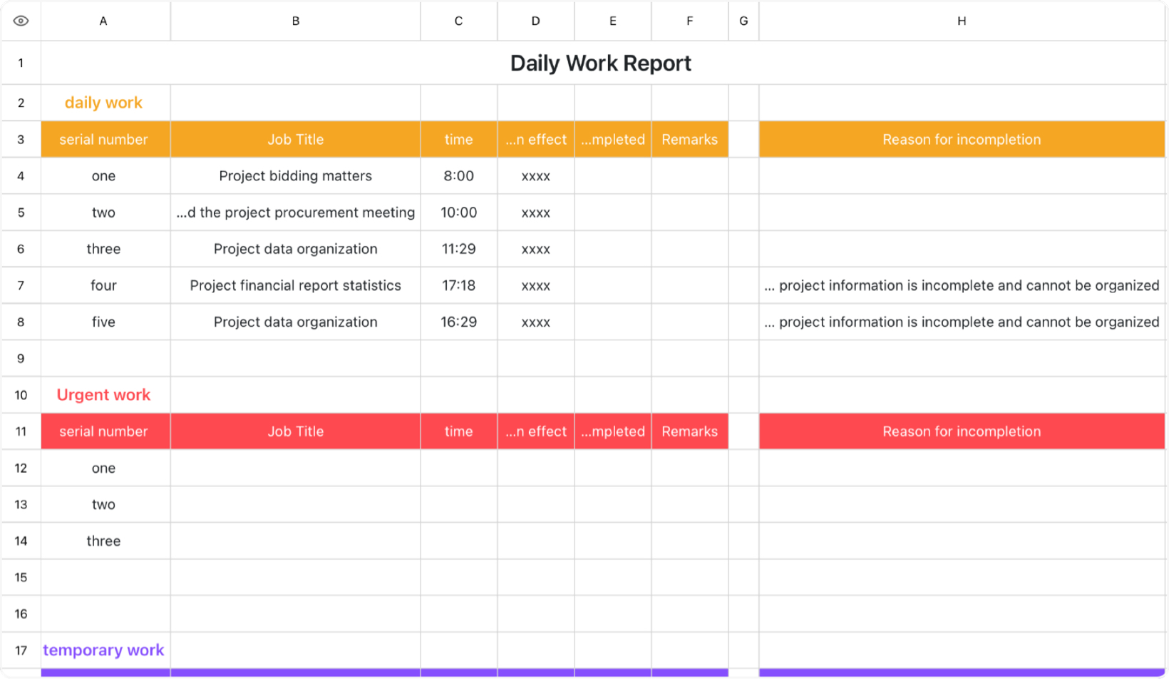 General template for daily work reports